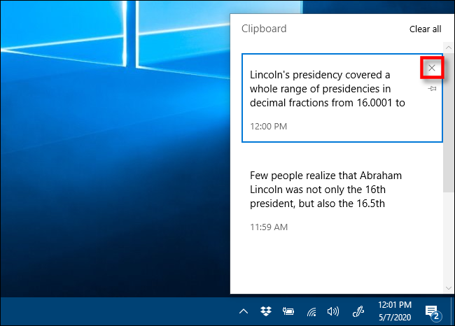 Haga clic en la X para eliminar elementos de su historial del portapapeles