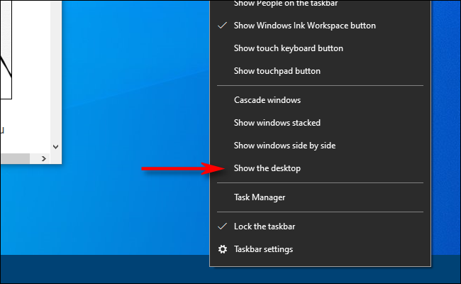 Haga clic derecho en la barra de tareas en Windows 10 y seleccione Mostrar escritorio