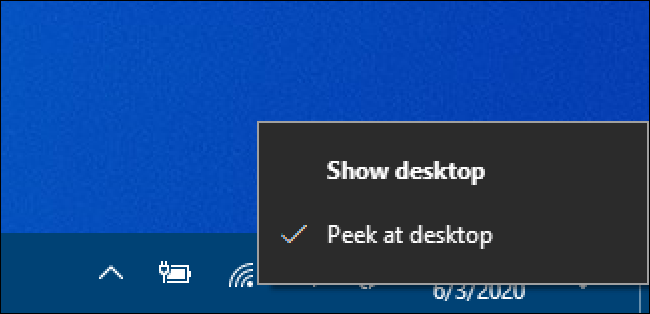 Menú contextual del botón Mostrar escritorio de Windows 10: marque junto a Vistazo en el escritorio