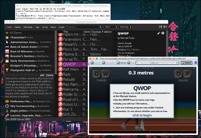 El juego "QWOP" en Flashpoint en macOS.