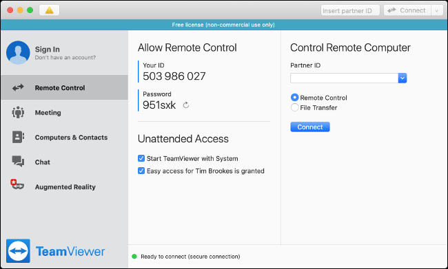 los "Control remoto" menú en TeamViewer para Mac.