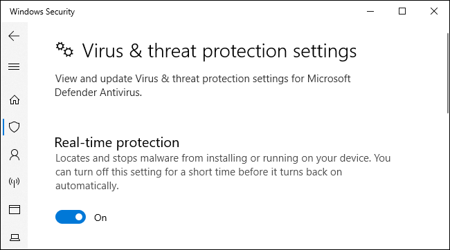 los "Protección en tiempo real" opción en la seguridad de Windows.