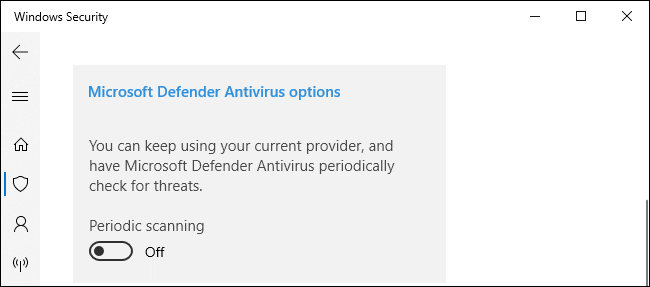 los "Análisis periódico" opción para Microsoft Defender Antivirus en Seguridad de Windows.