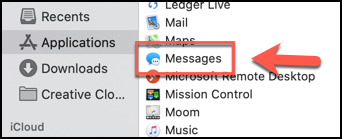 Inicie la aplicación Mensajes desde la carpeta Aplicaciones en Finder