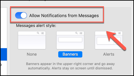 Pinchalo "Permitir notificaciones de mensajes" control deslizante para desactivar todas las notificaciones de la aplicación Mensajes en macOS