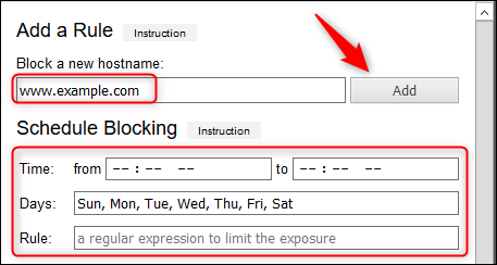 Escriba el sitio web que desea bloquear en el cuadro de texto, haga clic en "Agregar," luego establezca un horario.