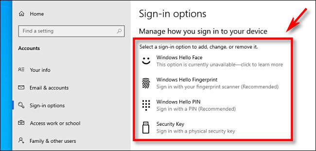 Opciones de inicio de sesión de Windows Hello tal como aparecen en la configuración de Windows 10.