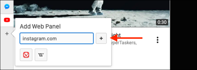 Haga clic en el signo más para agregar un panel de Instagram en Vivaldi.