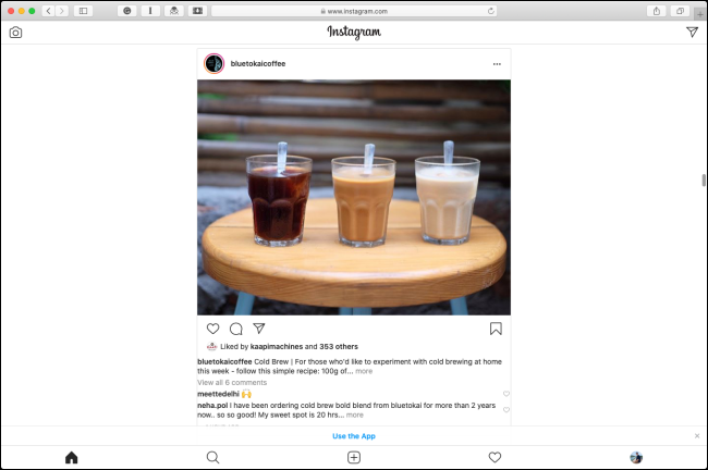 Diseño móvil de Instagram en Safari en una Mac.