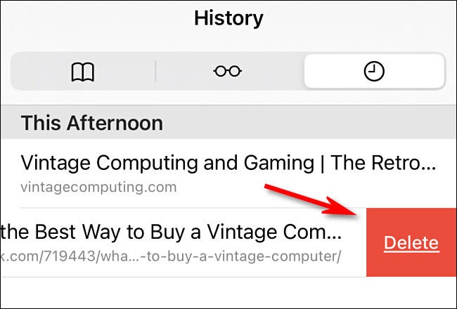 En la lista de Historial de Safari, puede arrastrar cualquier entrada individual y eliminarla.