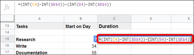 Para calcular el número de días que debería tomar cada tarea, escriba la siguiente fórmula y presione la tecla Intro.
