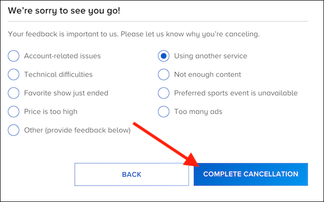 Elija un motivo de cancelación, luego selecciónelo "Cancelación completa" botón