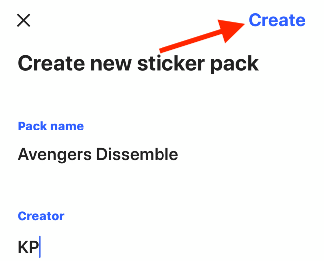 Toca crear para crear un paquete de pegatinas.