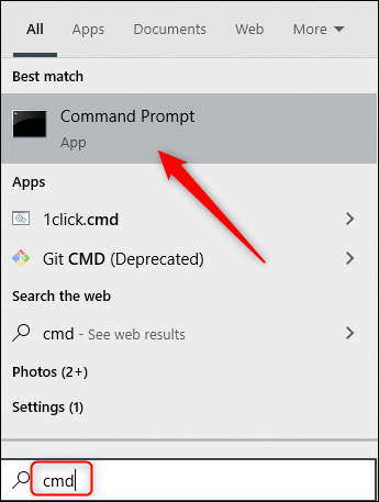 Pegar "CMD" en el cuadro de búsqueda de Windows y luego haga clic en "Símbolo del sistema" en los resultados.
