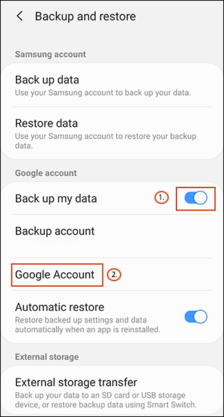 Cambie a Hacer una copia de seguridad de mis datos, luego toque Cuenta de Google