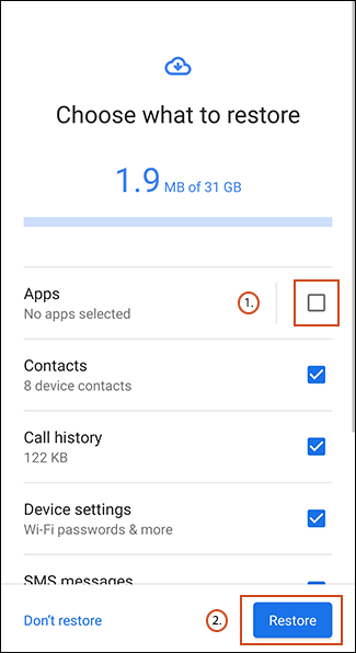 Toque la casilla de verificación Aplicaciones y luego toque Restaurar