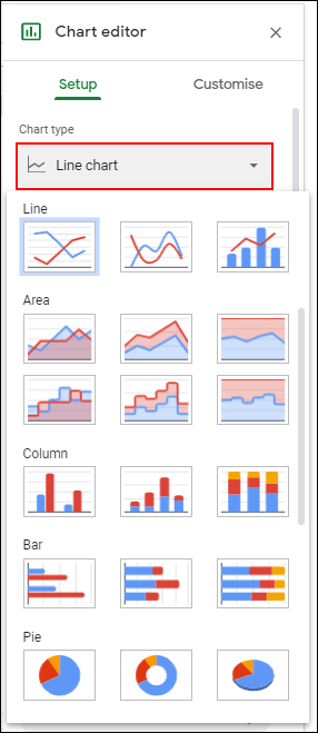 En la herramienta Editor de gráficos, haga clic en la pestaña Configuración, luego elija un nuevo tipo de gráfico en el menú desplegable Tipo de gráfico