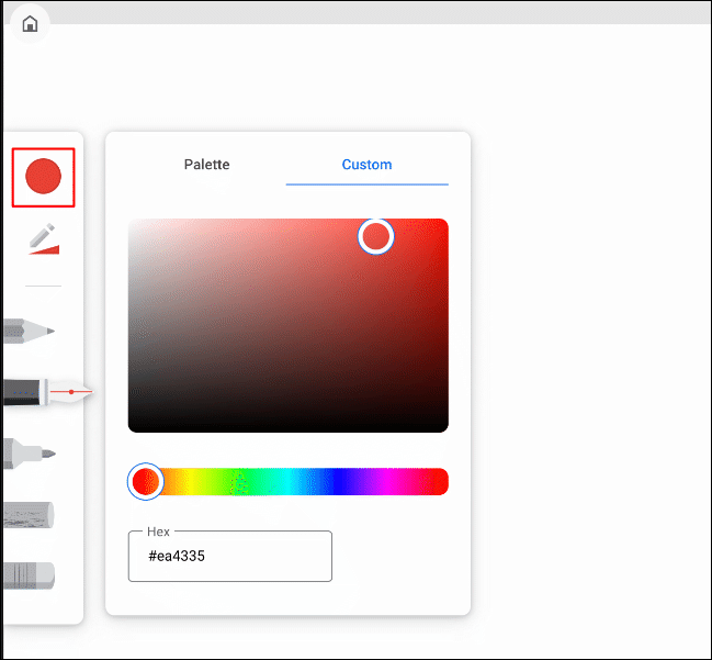 La herramienta de selección de color de dibujo en Google Chrome Canvas, con las opciones mostradas