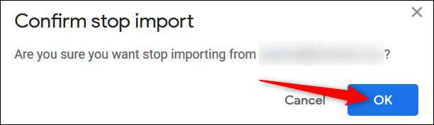 En el mensaje de confirmación que aparece, haga clic en "Correcto" para detener la importación.