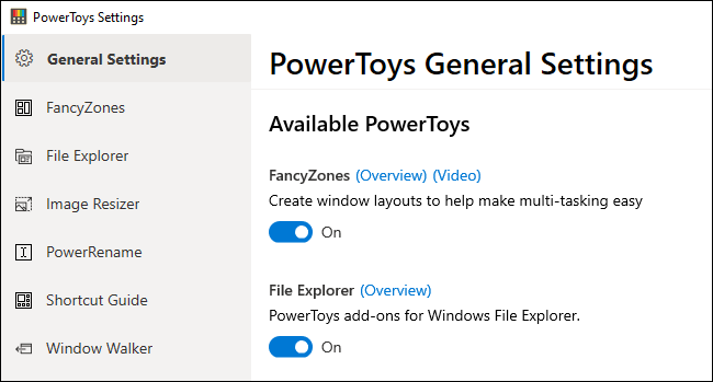 La ventana Configuración de PowerToys.