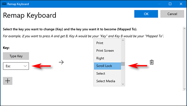 Seleccione las claves para reasignar en Power Toys en Windows 10.