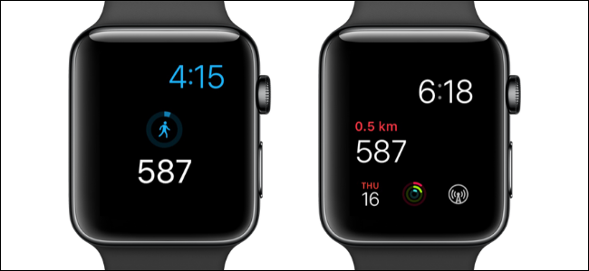 Dos relojes Apple que muestran el número de pasos en las esferas del reloj.