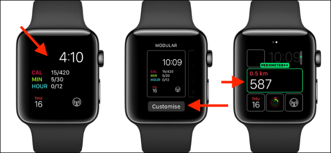 Tres relojes Apple con la complicación Podometer ++ en la cara.