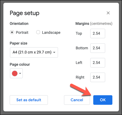 apurarse "Correcto" para guardar la configuración de color de la página de Google Docs actualizada.