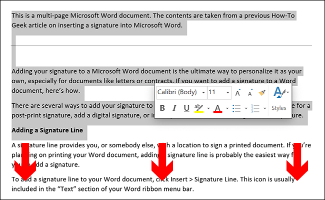 Para seleccionar manualmente el contenido de una página de Microsoft Word, coloque el cursor del documento al principio de la página y luego arrastre hacia abajo