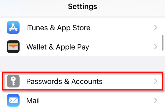 Toque Contraseñas y cuentas en Configuración en iPhone