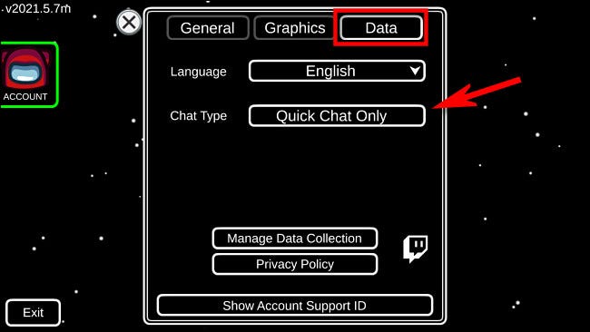 En Configuración entre nosotros, seleccione "Datos," entonces "Tipo de discusión" para cambiar de chat rápido a chat gratuito.