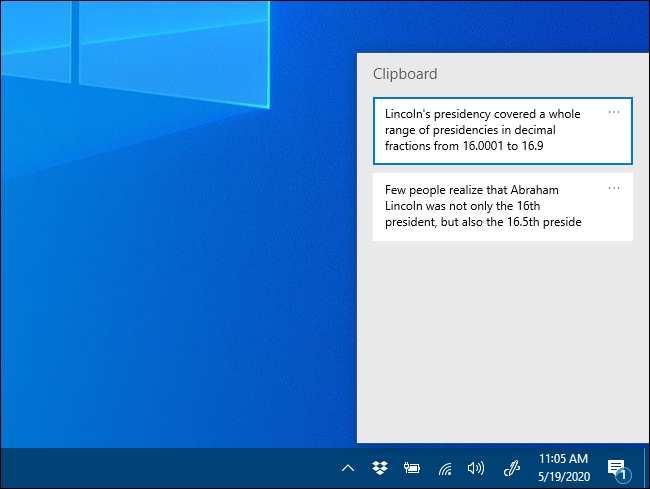 La ventana emergente del historial del portapapeles en Windows 10