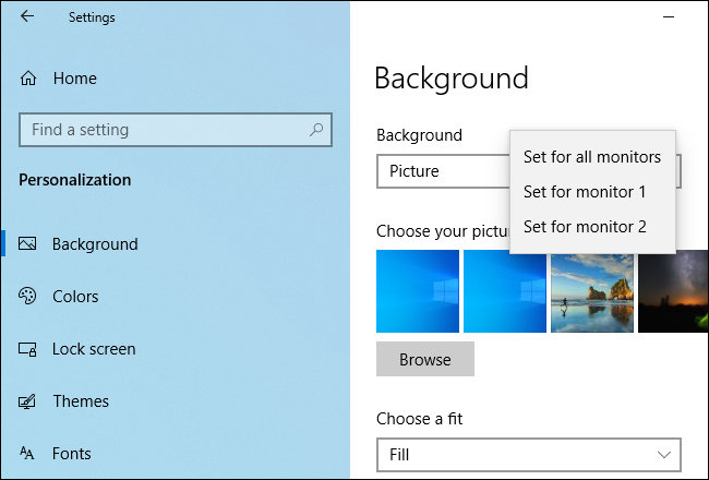 Configure diferentes fondos de pantalla para diferentes monitores en Windows 10.