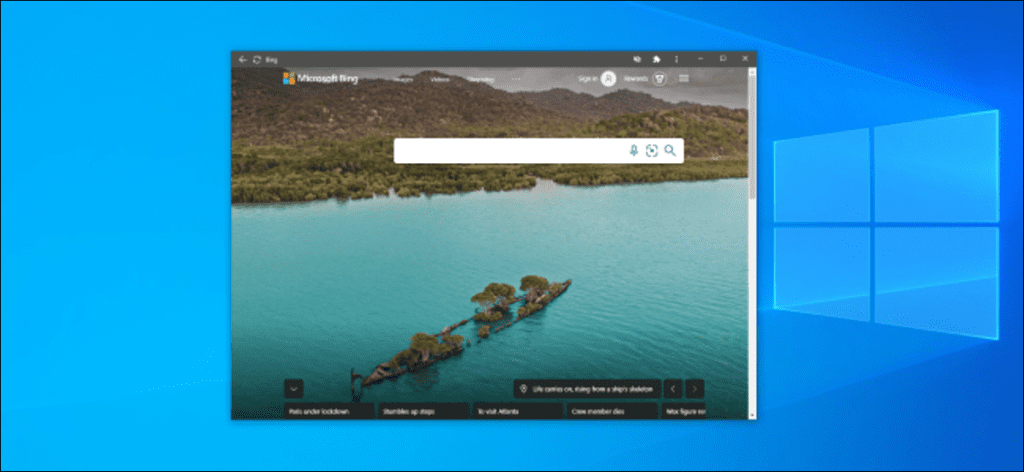 Bing instalado como una aplicación usando Chrome en Windows 10.