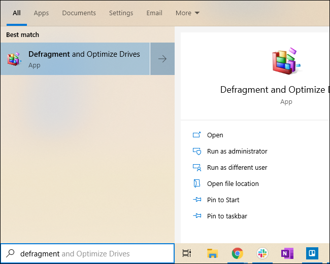 Inicio del Desfragmentador de disco desde el menú Inicio de Windows 10