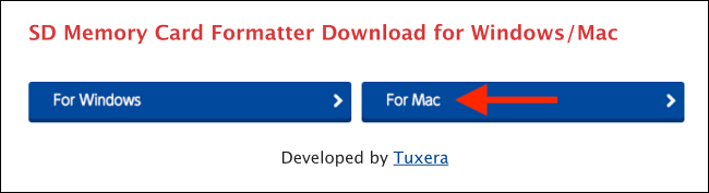 Seleccione para Mac de la página de descarga del formateador de tarjetas SD