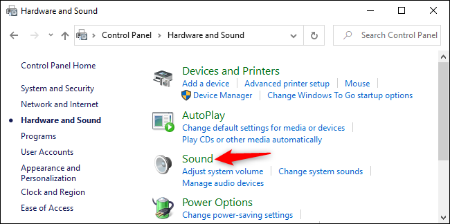 Abra las opciones de sonido en el Panel de control de Windows 10