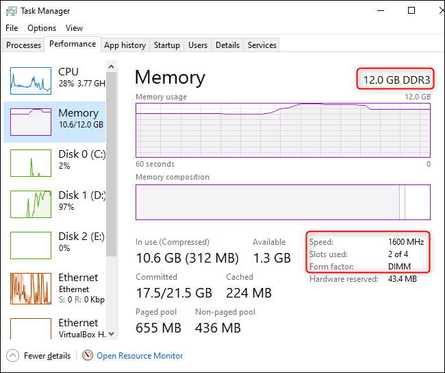 Cantidad y velocidad de RAM que se muestran en el Administrador de tareas de Windows 10