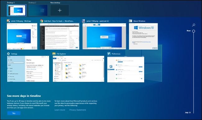 Interfaz de visualización de tareas de Windows 10.