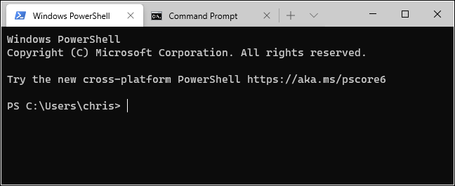 Pestañas PowerShell y Símbolo del sistema en la Terminal de Windows.