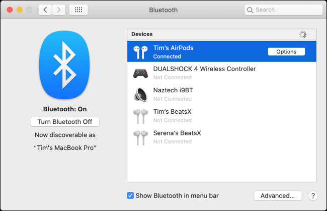 los "Dispositivos" lista en el "Bluetooth" menú.