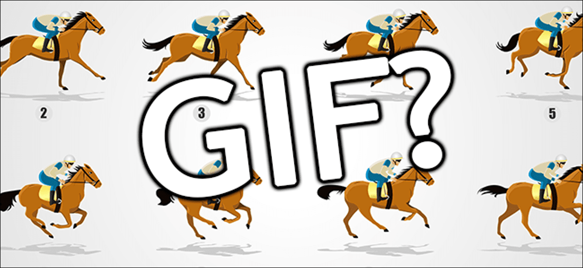 Banner GIF con fotogramas individuales de una animación de carreras de caballos.