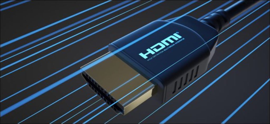 Un conector HDMI con líneas azules que indican la velocidad.