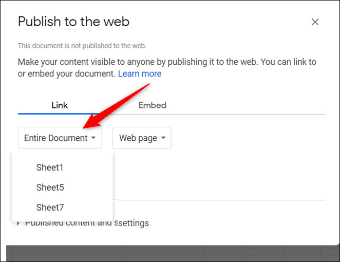 Haga clic en "Documento completo," luego elija la hoja que desea publicar en el menú desplegable.