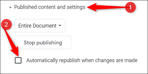 Haga clic en "Contenido y parámetros publicados," luego desmarque la casilla junto a "Vuelva a publicar automáticamente cuando se realicen cambios."