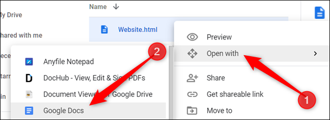 Haga clic en "Abrir con" y seleccione "Documentos de Google."