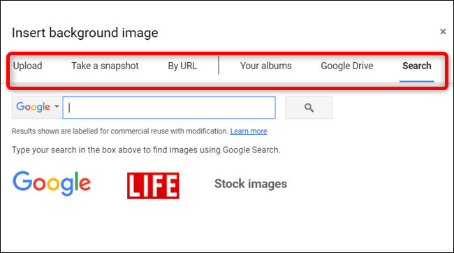 Puede seleccionar una imagen de una gran variedad de medios, incluido Google Drive, o buscar una utilizando imágenes de Google, Life o Stock.