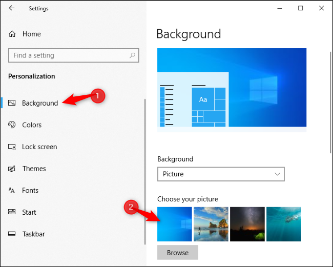 Seleccionar el nuevo fondo de pantalla predeterminado de Windows 10