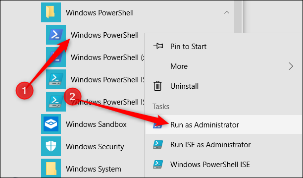 Botón derecho del ratón "Windows PowerShell," luego haga clic en "Ejecutar como administrador."