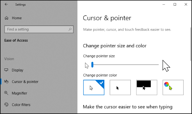 los "Cursor y puntero" en la aplicación Configuración de Windows 10.